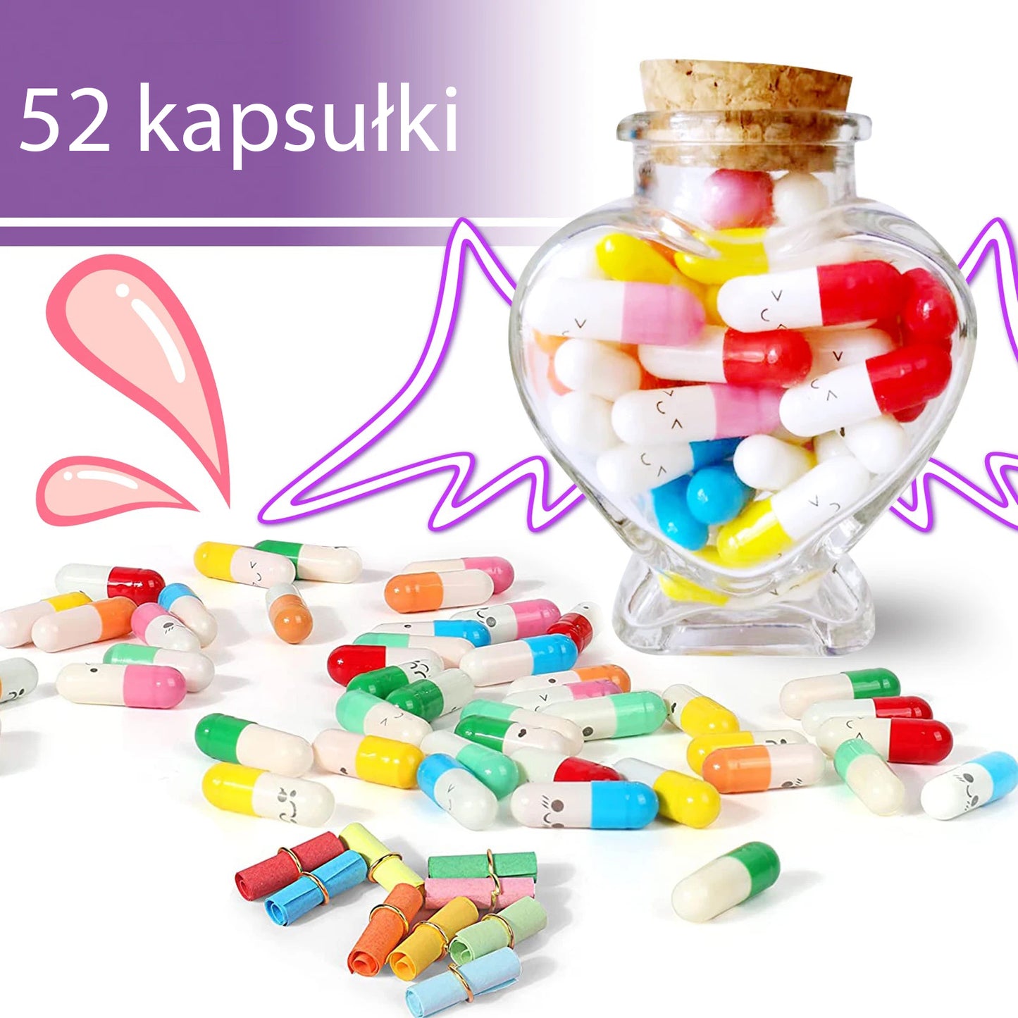Butelka życzeń DIY – 52 kolorowe kapsułki z listami miłosnymi